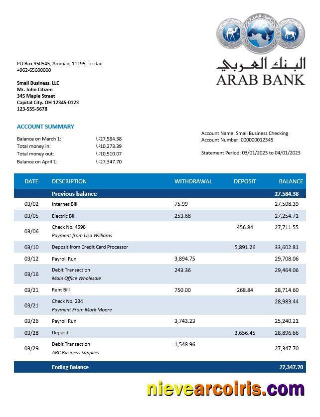 Oman Arab Bank company checking account statement